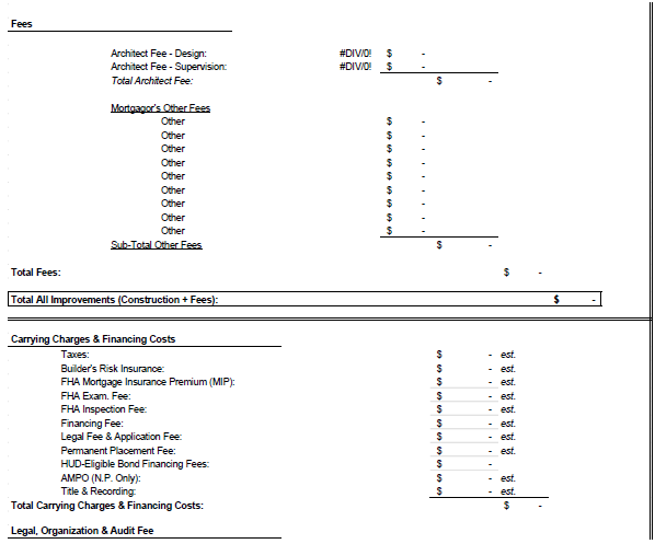 Worksheet page listing architect and other mortgagor fees, then carrying charges and financing costs
