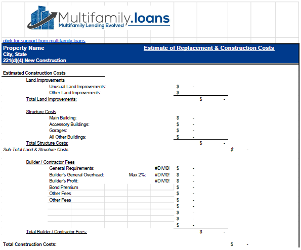 First page of the estimate of replacement and construction costs worksheet, listing land improvements, structure costs and builder and contractor fees