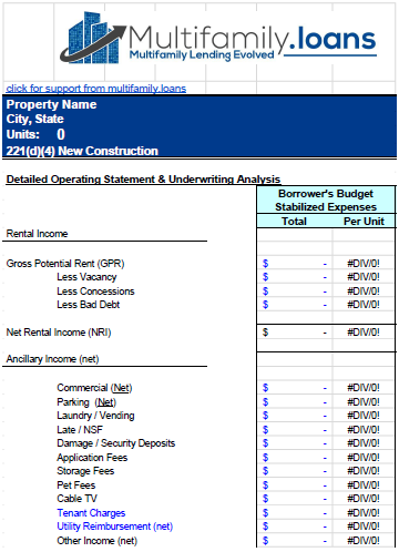 First page of the detailed operating statement and underwriting analysis worksheet, listing rental income and ancillary income lines