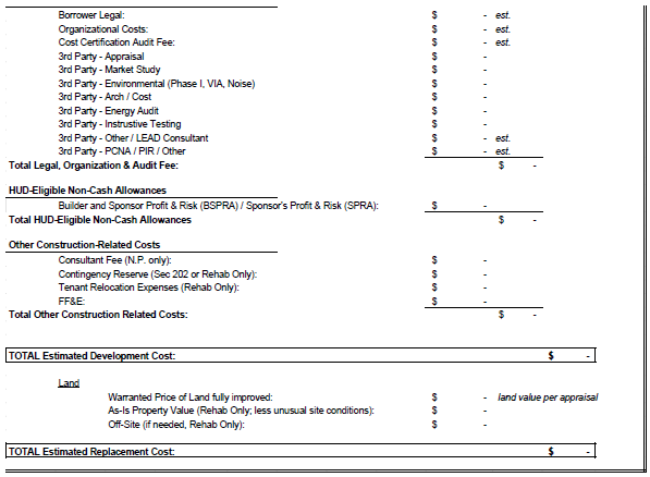 Worksheet page listing legal, organization and audit fees, HUD-eligible non-cash allowances, and the total estimated development and replacement cost lines